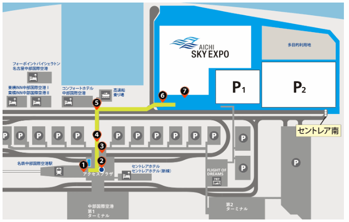 アイチスカイエキスポ駐車場入り口と地図