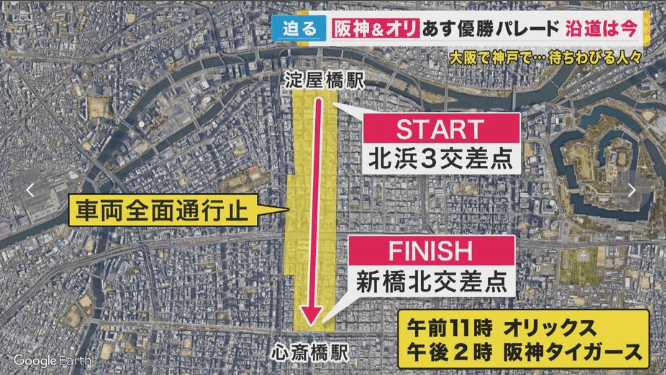 阪神タイガースオリックスの優勝パレード2023御堂筋（大阪府大阪市）会場のルート